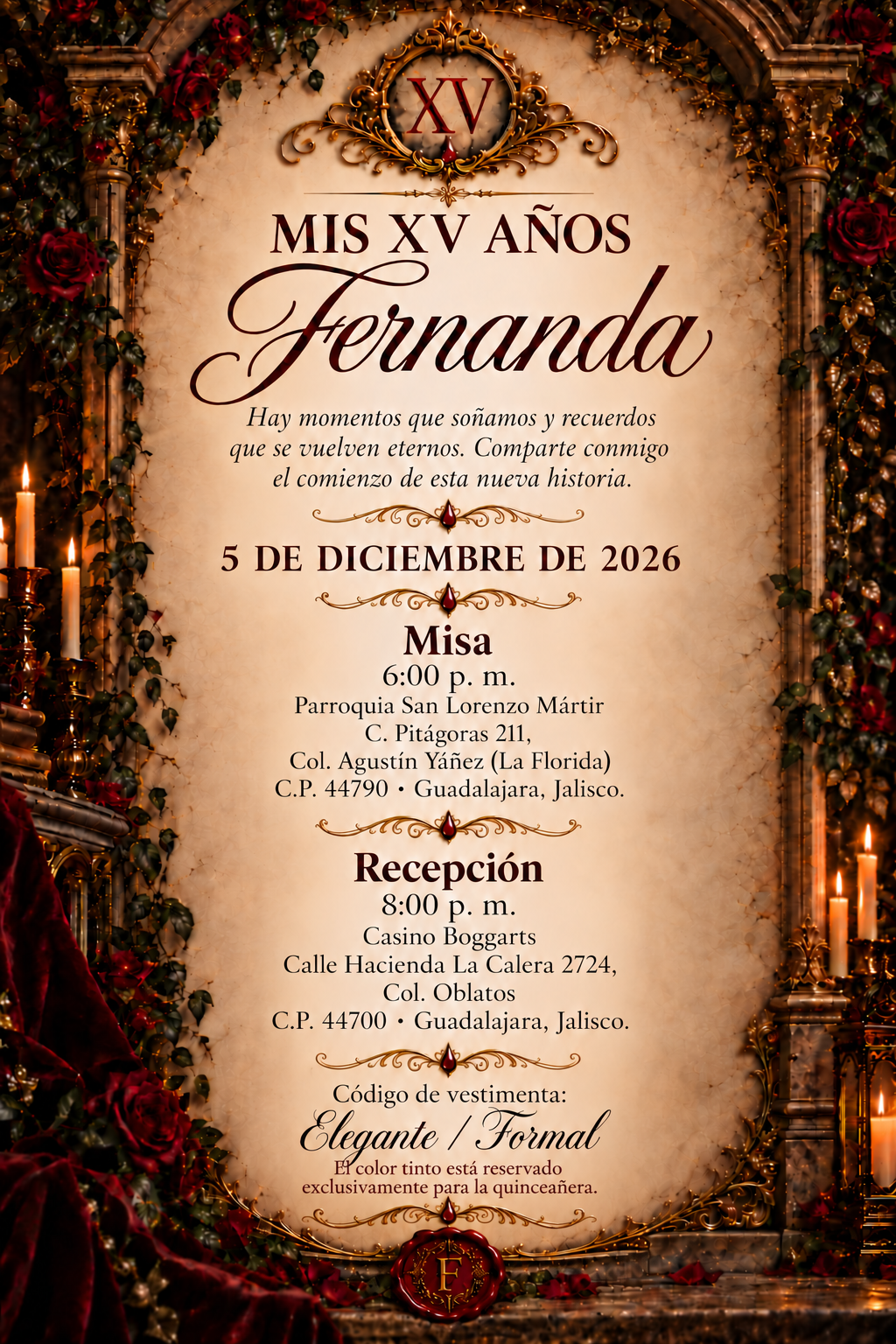 Invitación completa a los XV años de Fernanda, 5 de diciembre de 2026